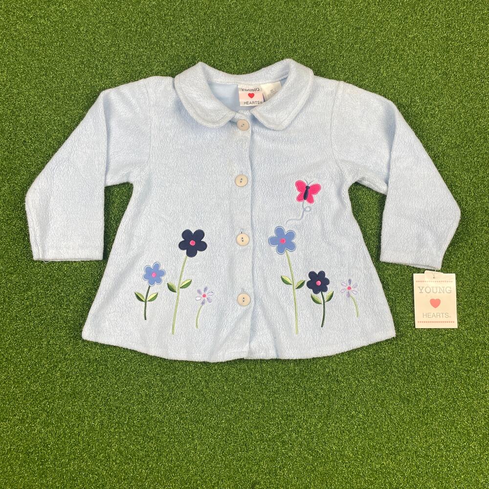 Young Hearts Toddler Girls Blue Embroidered Flower Fleece Cardigan Sz 4